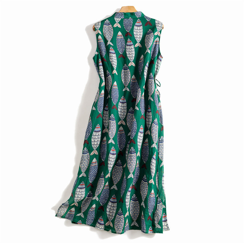 Stylish women's sleeveless maxi dress with a playful fish print, a flowy summer essential for casual wear.