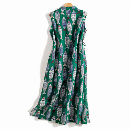 Stylish women's sleeveless maxi dress with a playful fish print, a flowy summer essential for casual wear.