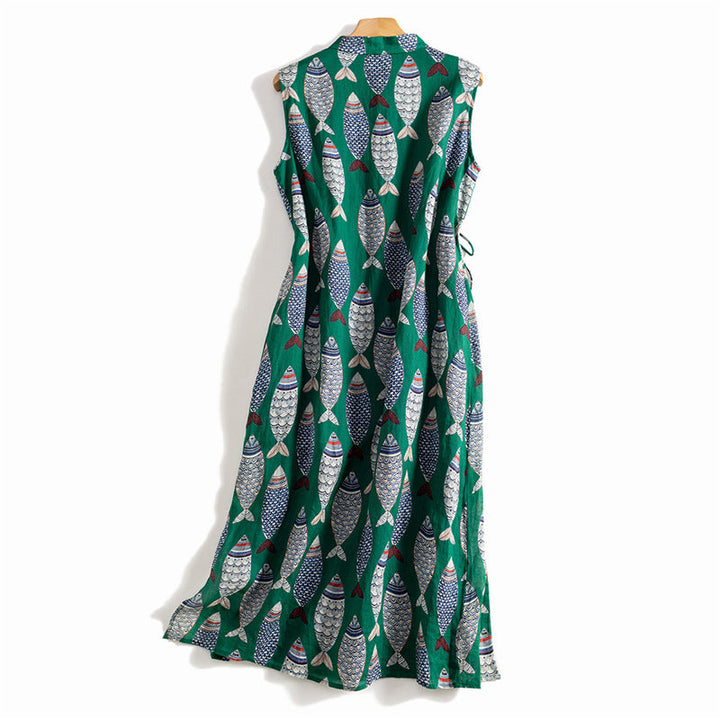 Stylish women's sleeveless maxi dress with a playful fish print, a flowy summer essential for casual wear.
