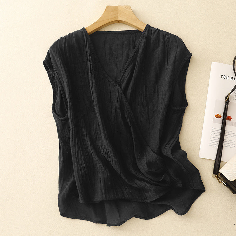 Effortless women's flowy sleeveless top, crinkled texture, versatile for summer, casual, elegant, and vacation styles.