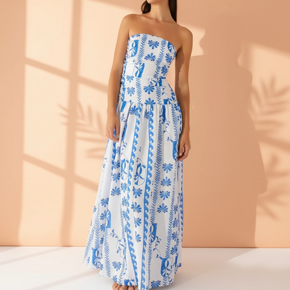 Women's flowy strapless maxi dress, perfect for summer vacations & elegant evening wear.