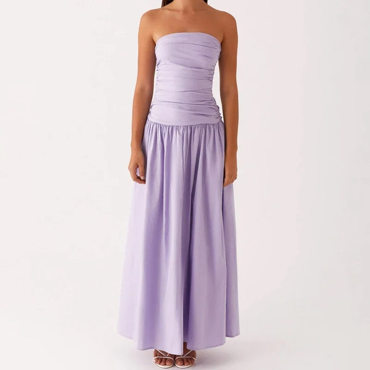 Lightweight women's flowy strapless summer maxi dress, comfortable and chic for any occasion.