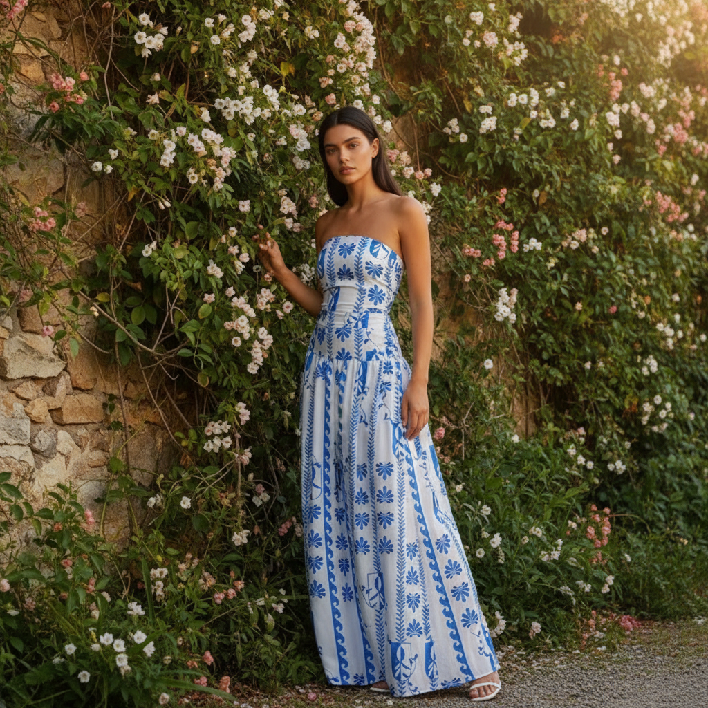 Elegant women's flowy strapless maxi dress with ruched bodice, ideal for summer parties.