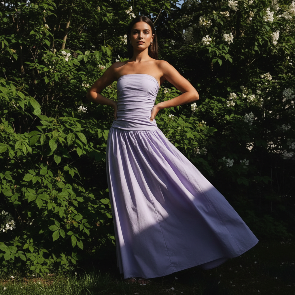 Comfortable women's flowy strapless summer maxi dress, perfect for casual or party wear.