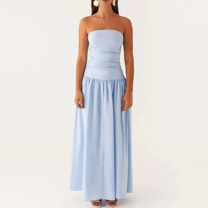 Women's apparel: a stylish flowy strapless maxi dress, great for summer and vacation.