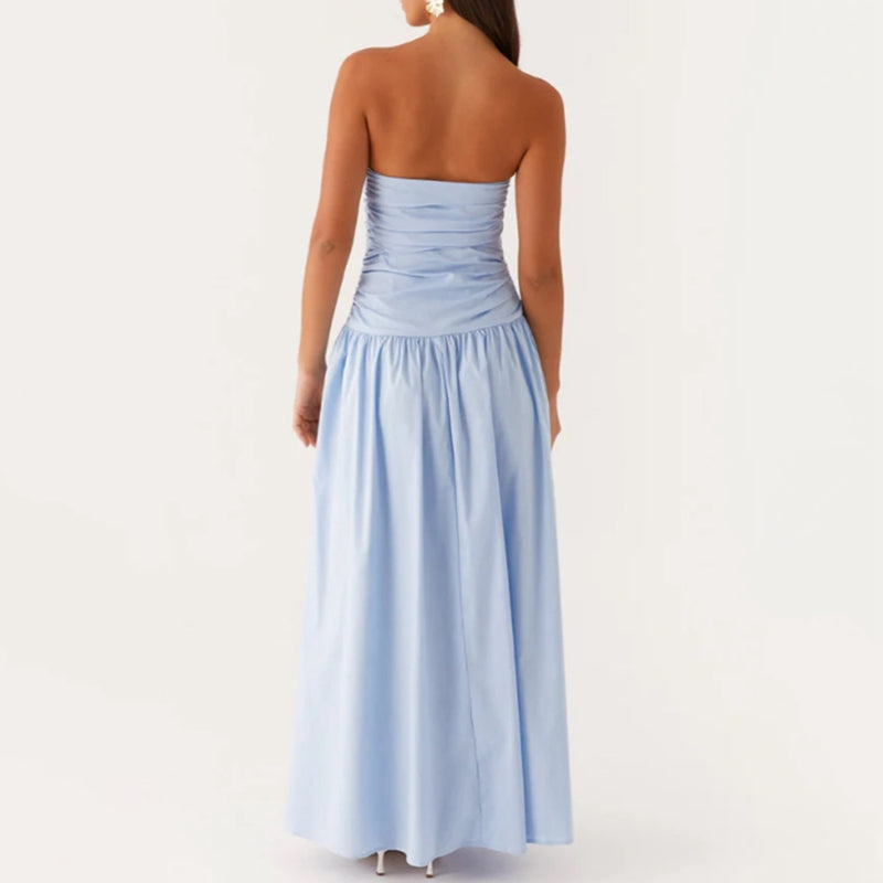 Light & airy women's summer maxi dress, strapless and flowy for warm weather elegance.