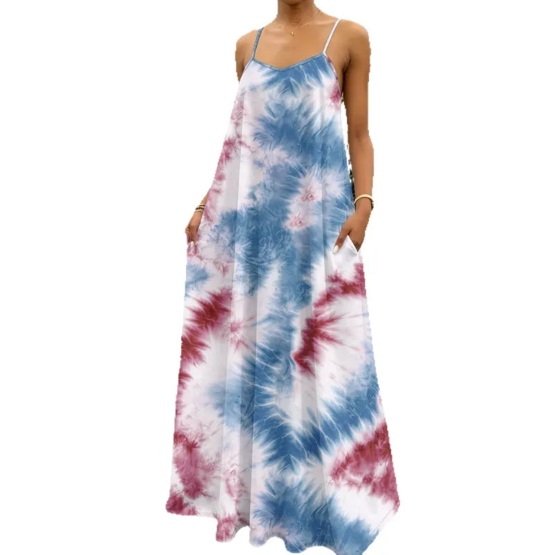 V-neck tie-dye maxi dress for women, sleeveless with narrow straps & loose fit, ideal for warm weather comfort.