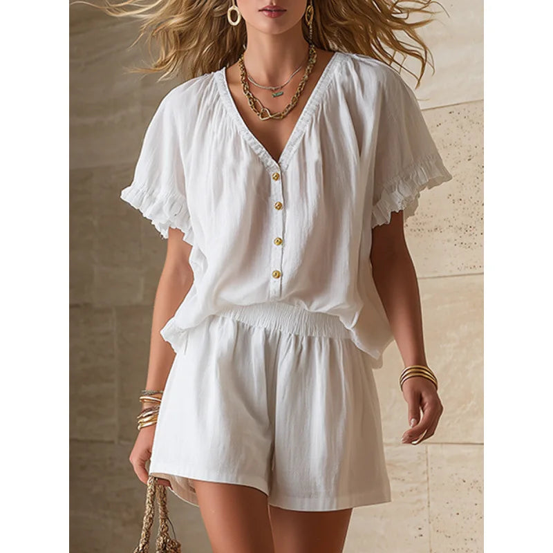 Casual women's two-piece outfit with flutter sleeves. A comfortable shorts set for summer, daily wear or vacation.