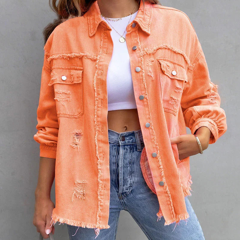 Women's frayed denim jacket with chic distressed style, perfect for casual fashion and trendy layering.