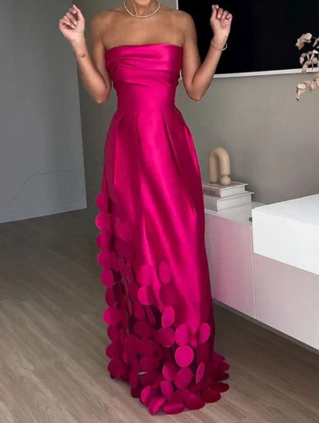 Glamorous fuchsia strapless evening gown, a maxi A-line dress perfect for wedding guests & special occasions.