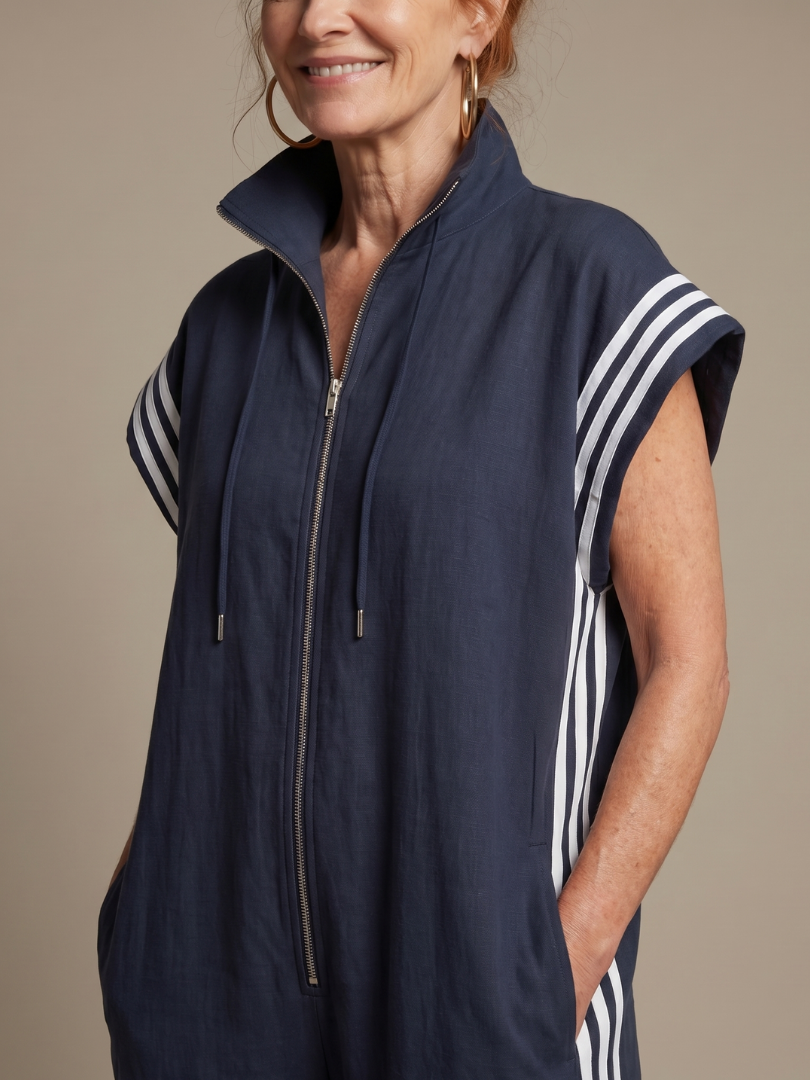Women's comfortable full length activewear jumpsuit, high neck, cap sleeve, side stripe.