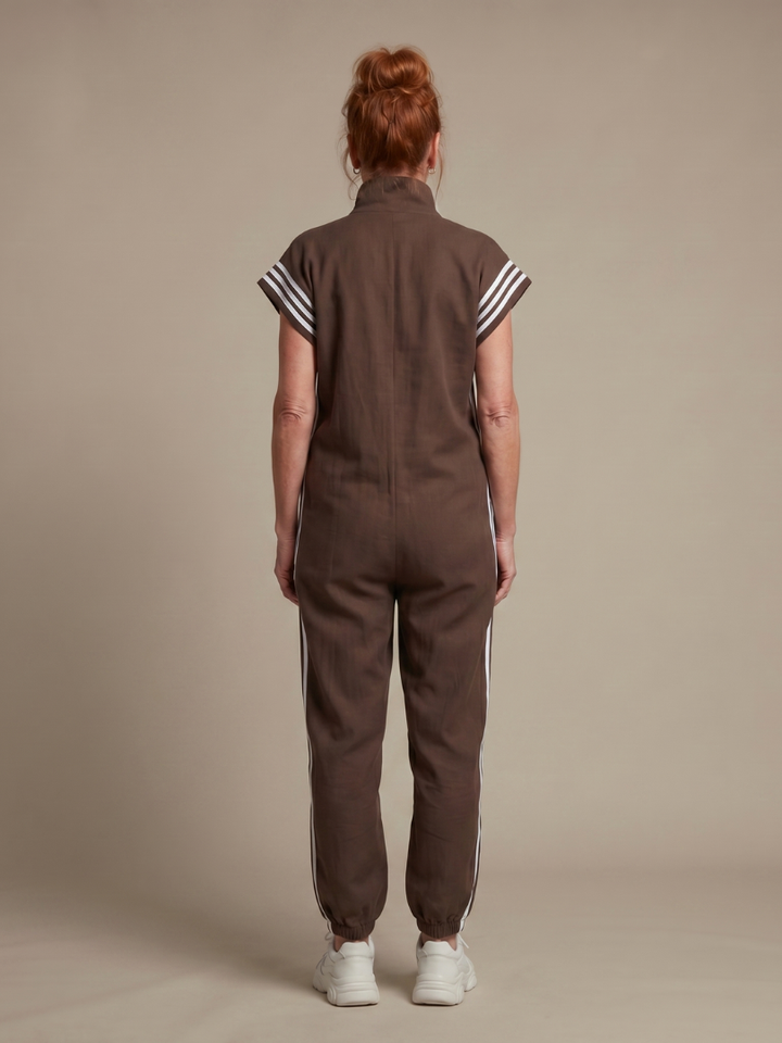 Women's active lifestyle full length jumpsuit, side stripe, cap sleeve, high neck.
