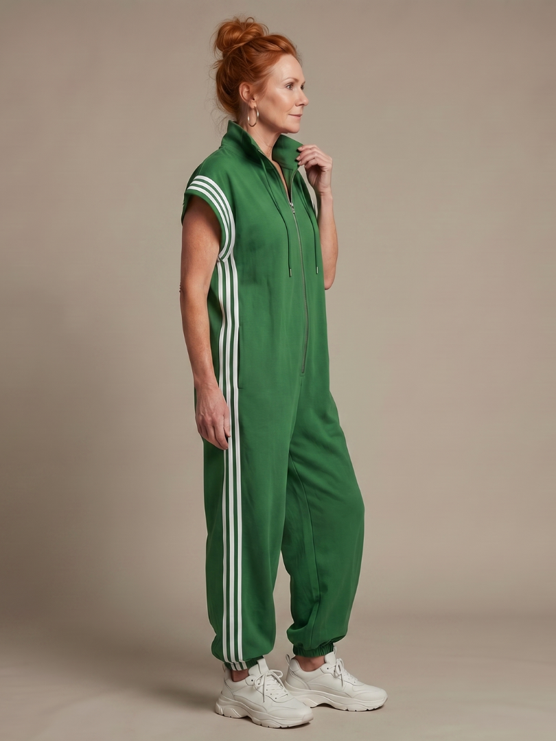 Casual women's full length jumpsuit, high neck, cap sleeve & sporty side stripe.