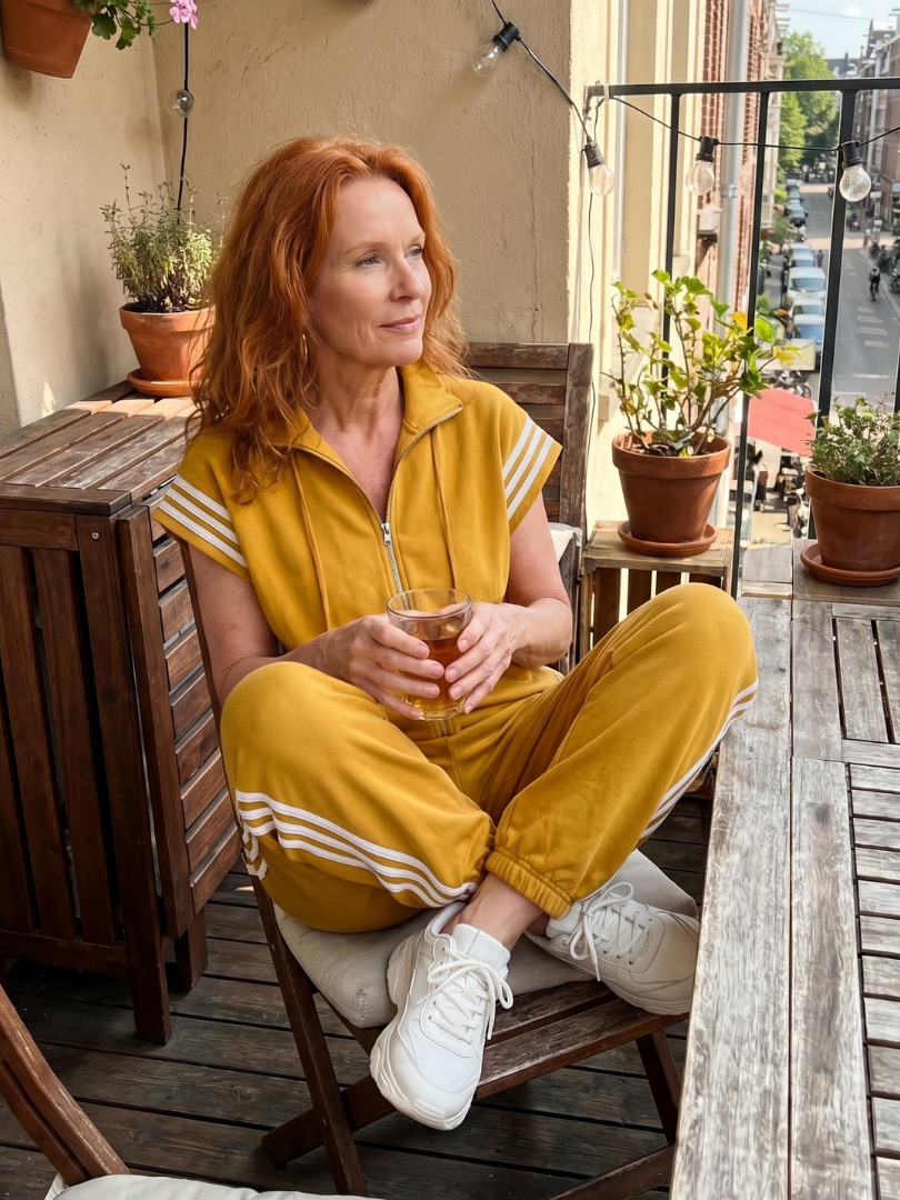 Sporty women's full length jumpsuit, high neck, cap sleeve, side stripe casual wear.