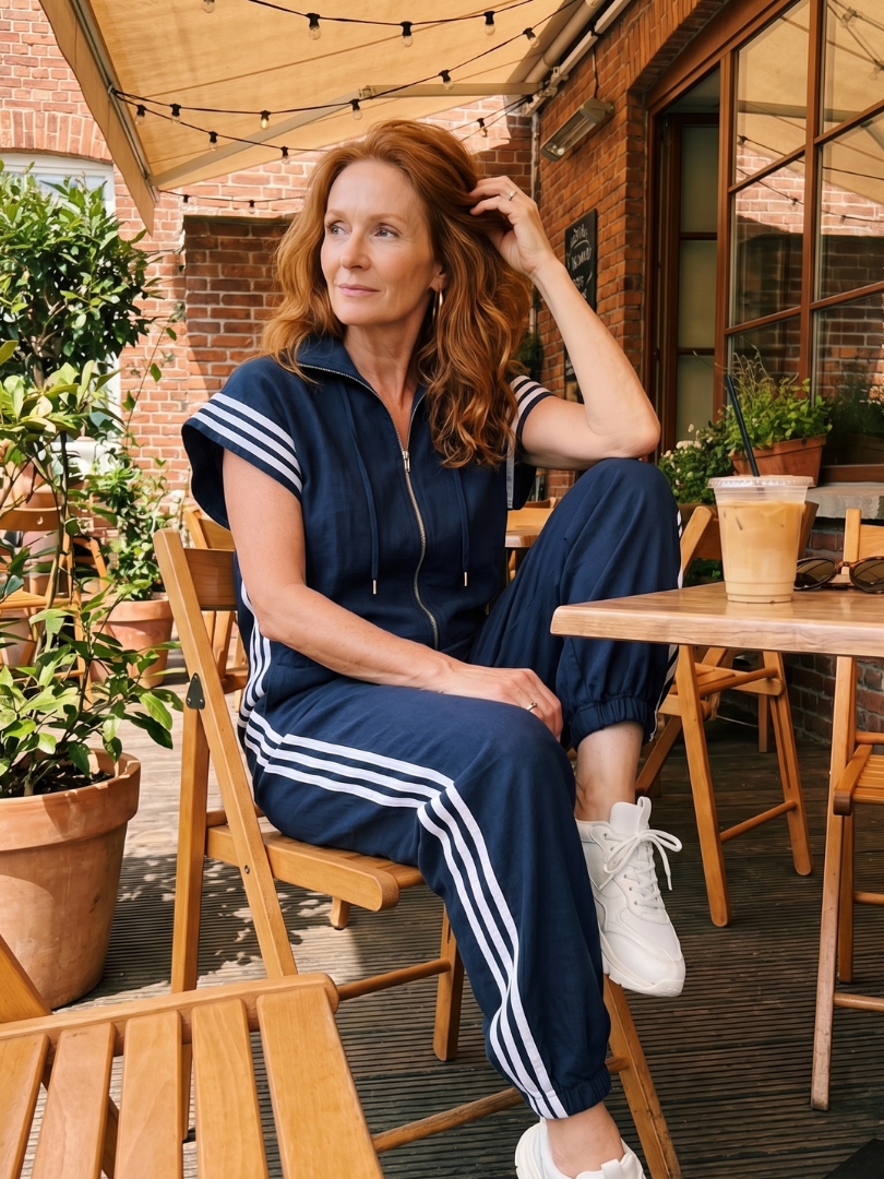 Full length women's jumpsuit, zip front, side stripe, cap sleeve, active fashion.