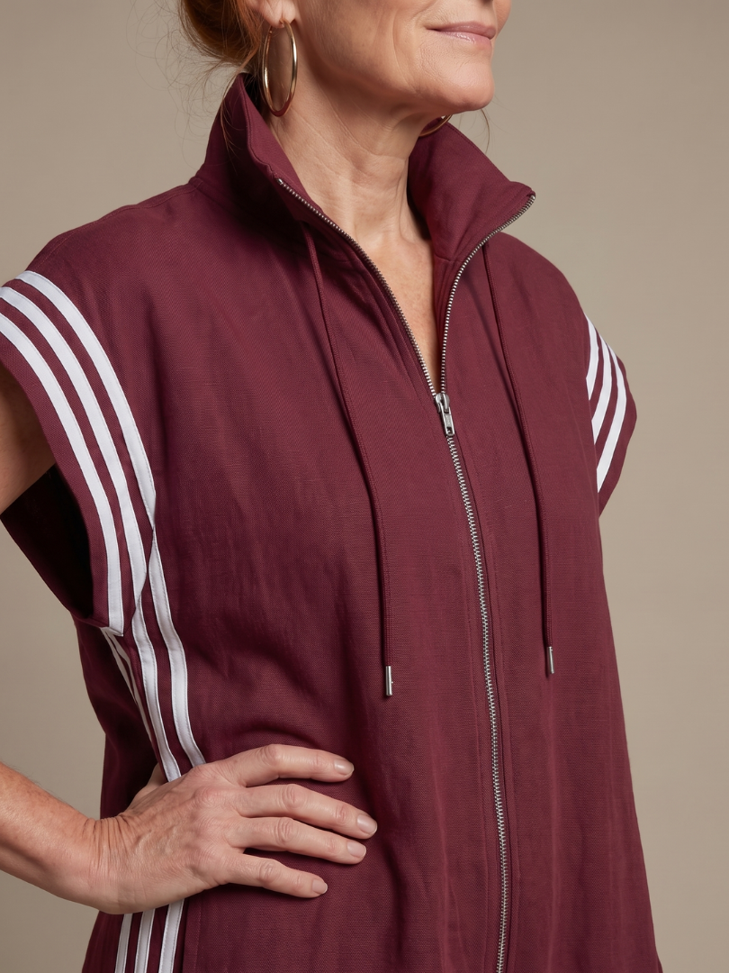 Casual full length women's jumpsuit, side stripes, cap sleeves & high neck.