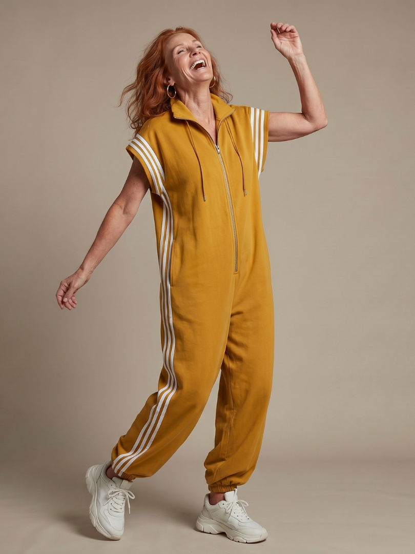 Comfortable women's full length jumpsuit, cap sleeves, high neck & side stripes.