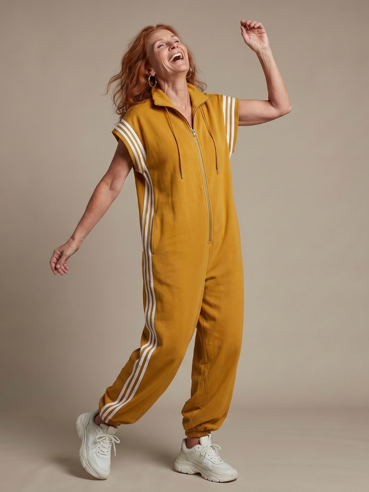 Comfortable women's full length jumpsuit, cap sleeves, high neck & side stripes.