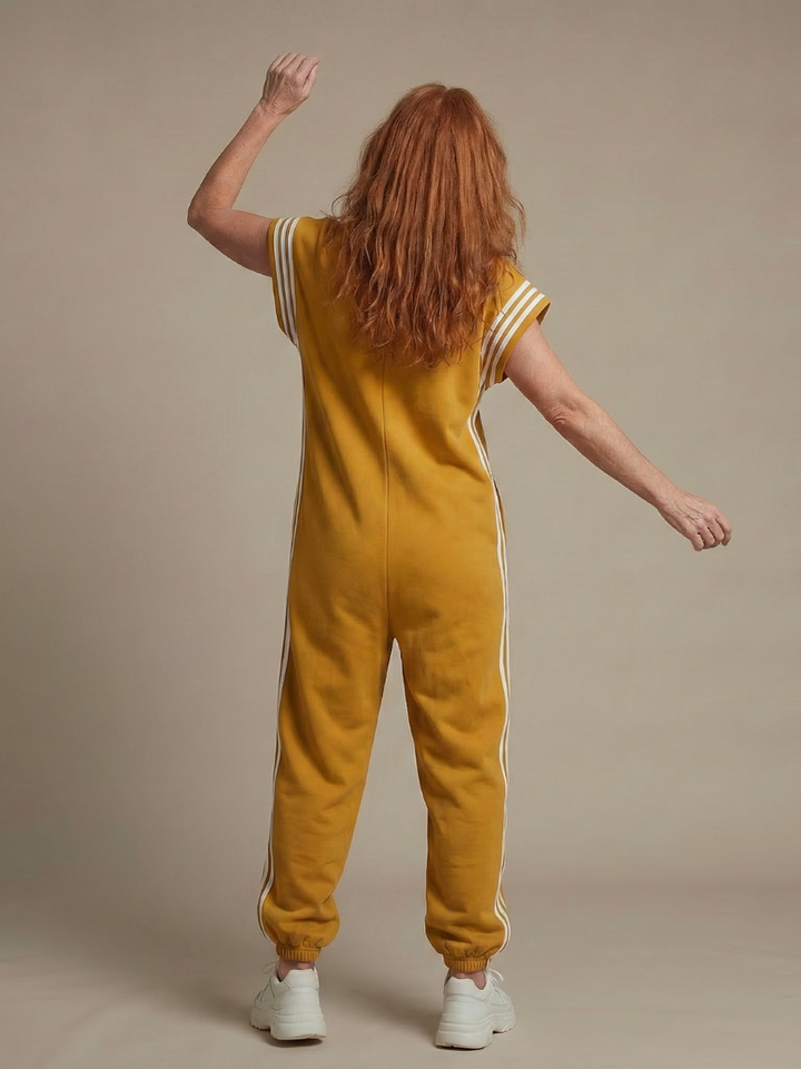 Casual fashion women's full length jumpsuit, sporty side stripe, zip front.