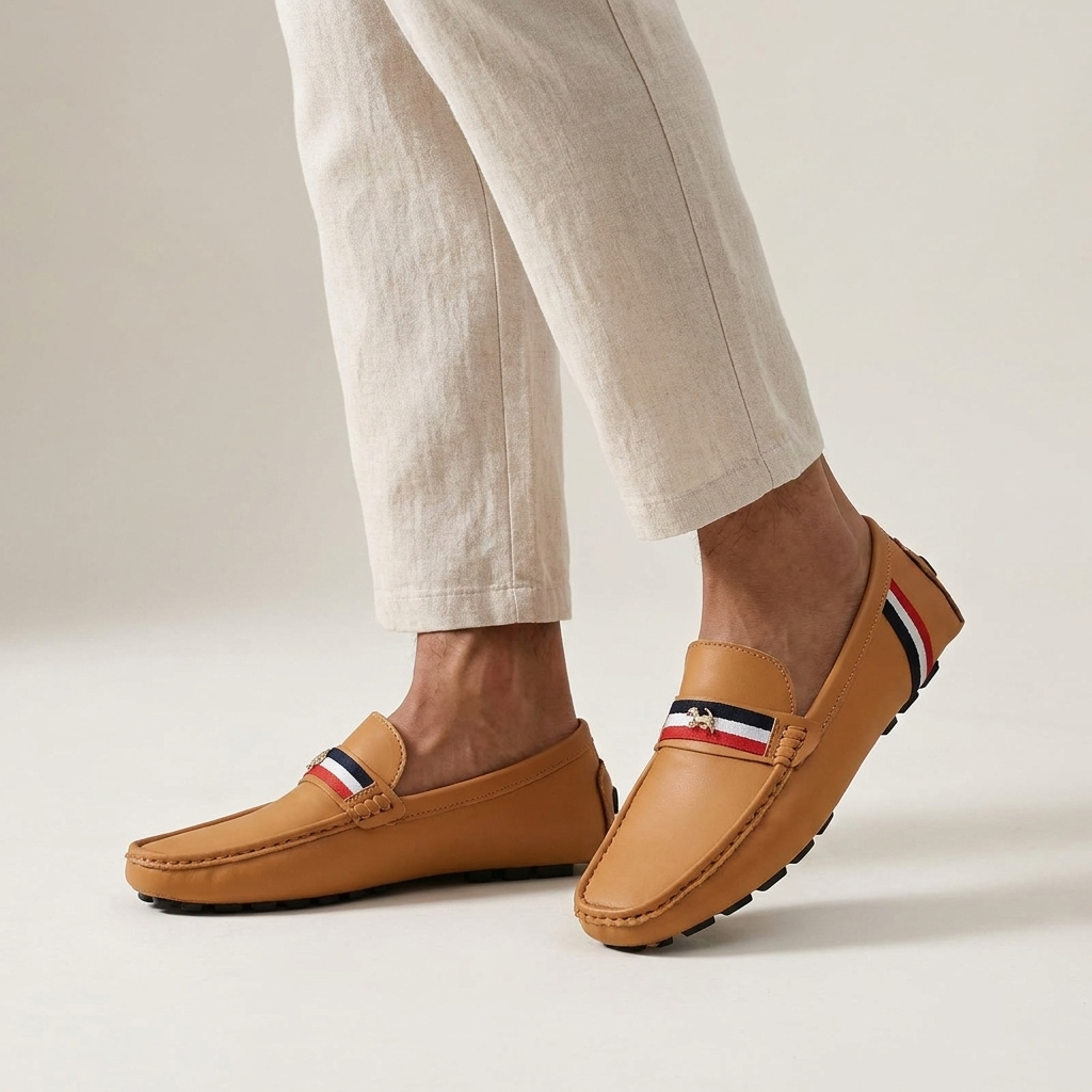 Close-up of women's striped slip-on loafers, highlighting comfort and elegant design.