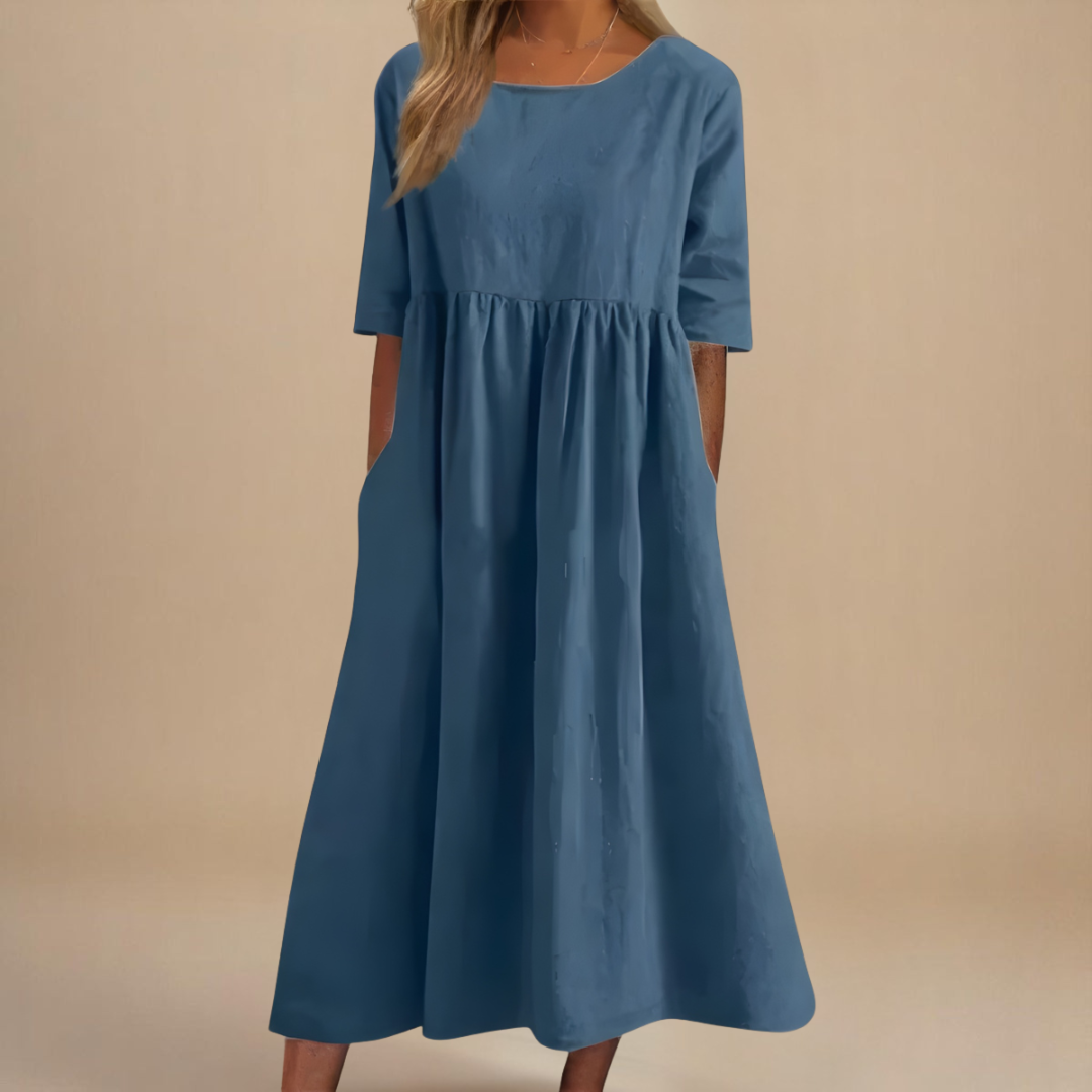 Comfortable women's casual midi dress, half-sleeve, gathered waist, ideal for daily wear.