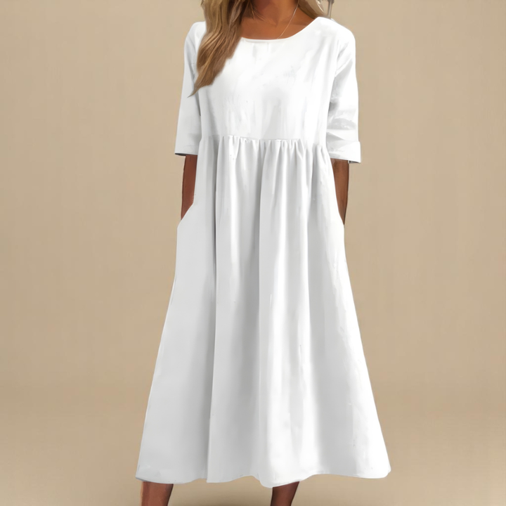 Women's Gathered Waist Half-Sleeve Midi Dress, scoop neck, comfortable & versatile style.
