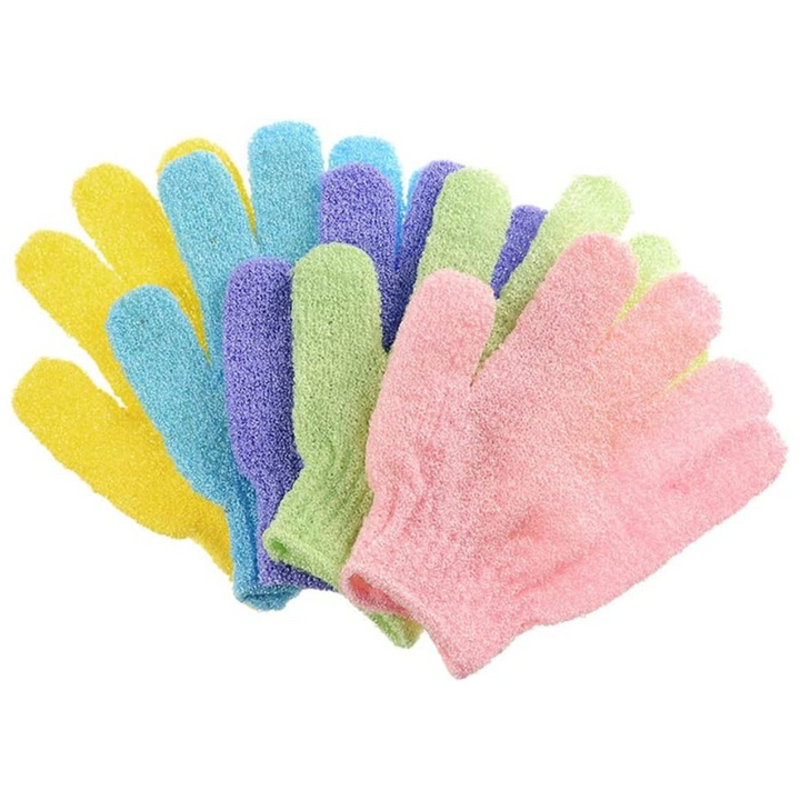 Women's gentle exfoliating bath gloves set for smooth, soft skin & improved circulation.