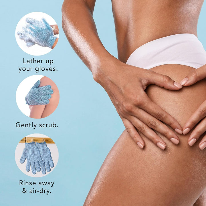 Women's gentle exfoliating bath gloves for pre-tanning prep, ensuring an even, streak-free glow.
