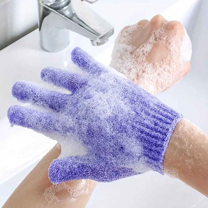 Pair of women's shower accessory gloves to gently scrub, leaving skin smooth & revitalized.