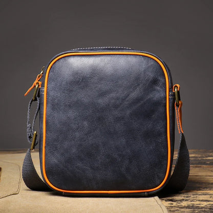 Stylish blue genuine leather crossbody bag for women. Features an adjustable strap & compact design for daily wear.
