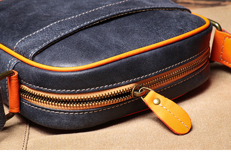 Blue genuine leather women's crossbody bag with an adjustable strap. Perfect for versatile, on-the-go daily use.