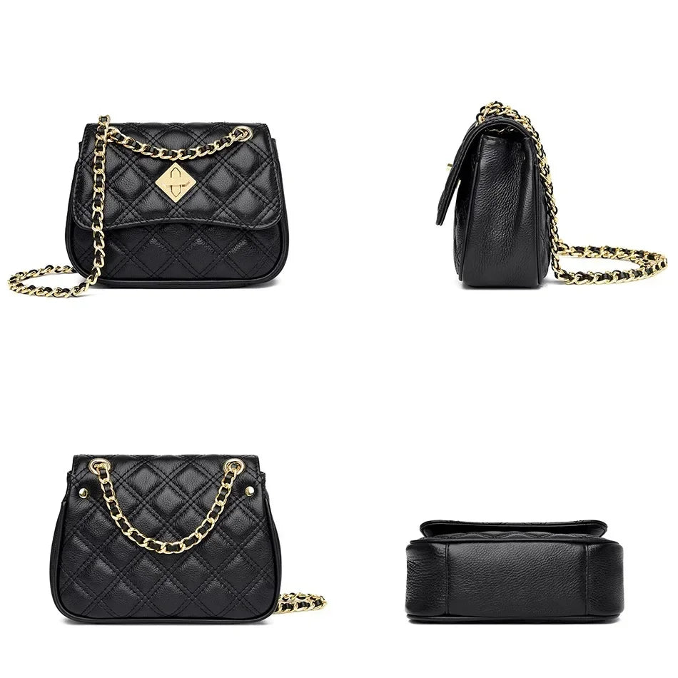 Versatile women's genuine leather quilted compact purse. Perfect as a crossbody or shoulder bag with chain.