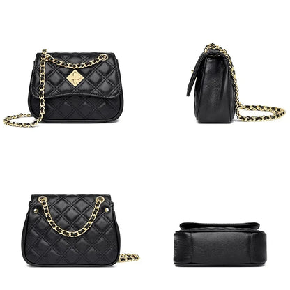 Versatile women's genuine leather quilted compact purse. Perfect as a crossbody or shoulder bag with chain.