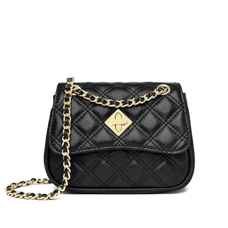 Women's genuine leather quilted handbag with elegant chain strap & twist lock. Luxury crossbody shoulder bag.