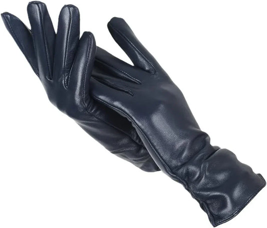 Women's genuine leather winter gloves, wool-lined for warmth & comfort in cold weather.