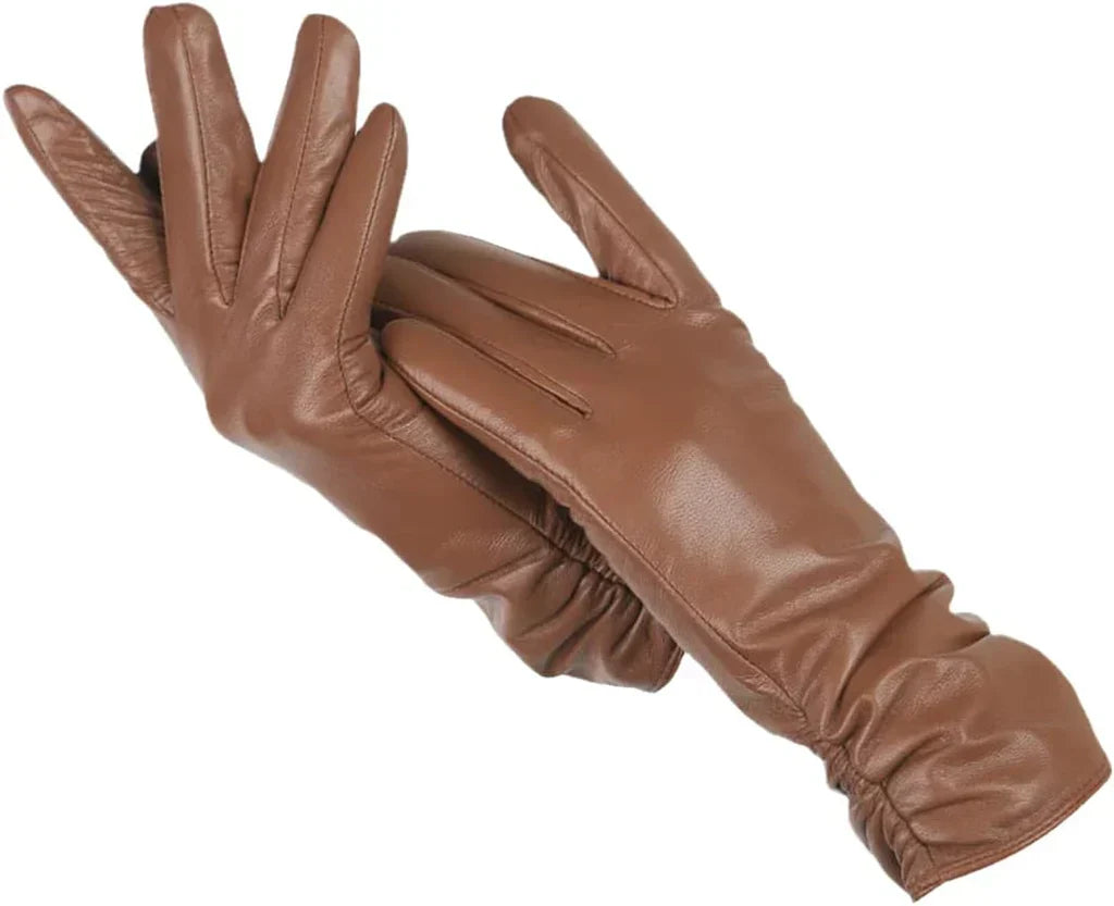 Premium women's genuine leather gloves with soft wool lining, perfect for cold weather warmth.