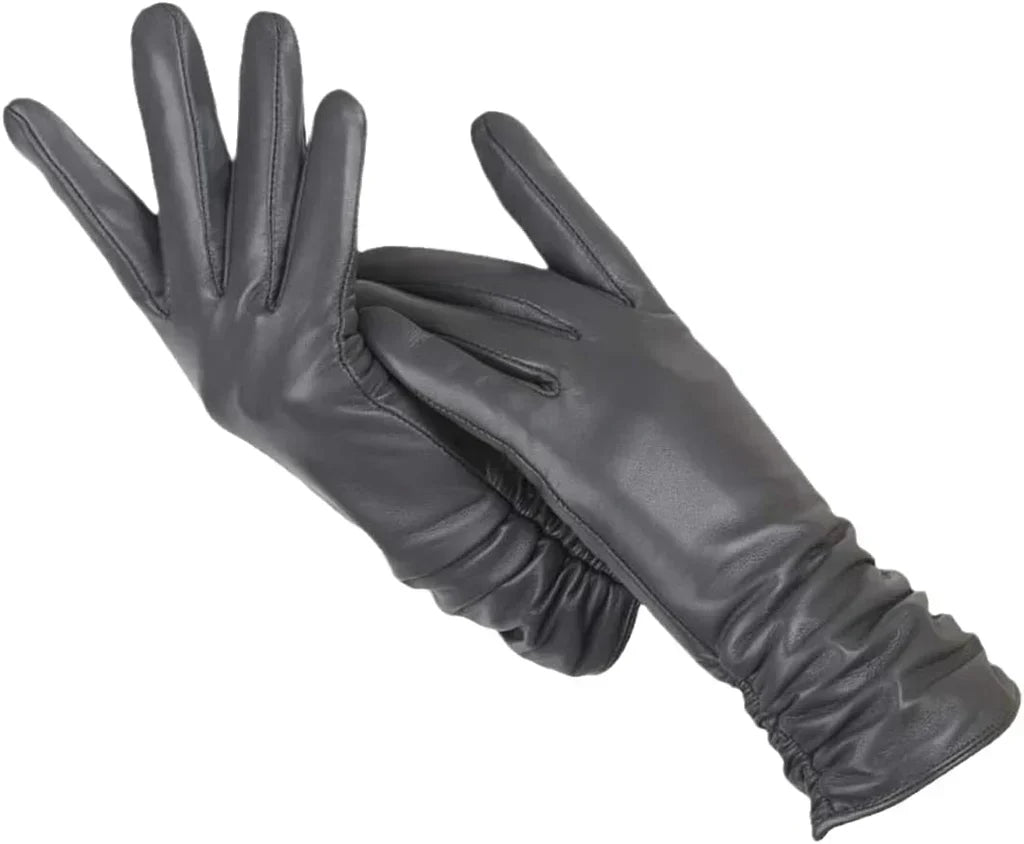 Elegant women's genuine leather winter gloves, wool-lined for style, warmth, and comfort.