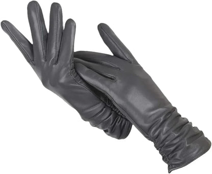 Elegant women's genuine leather winter gloves, wool-lined for style, warmth, and comfort.
