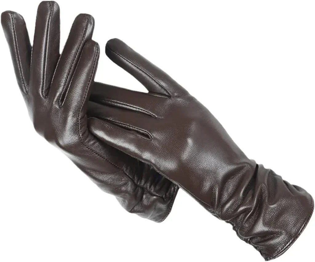 Wool-lined women's genuine leather winter gloves, warm & stylish for cold weather.