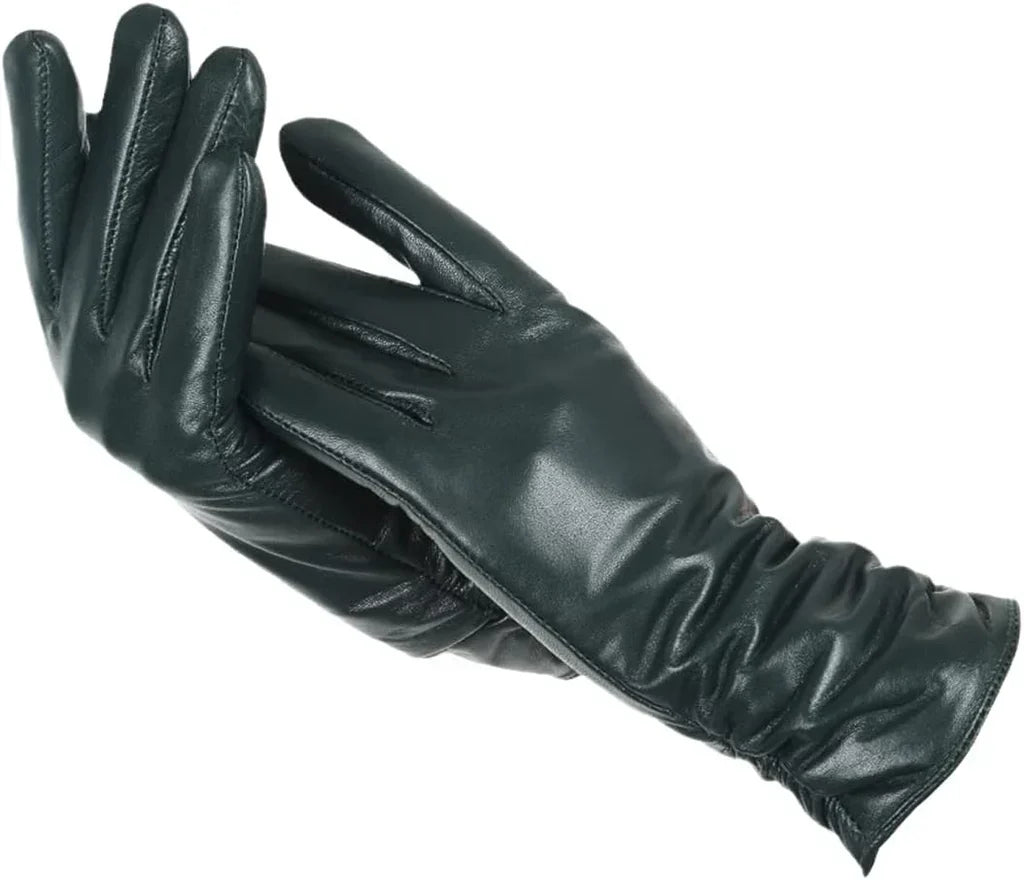 Ladies genuine leather winter gloves, wool-lined for warmth, ideal for daily wear & driving.