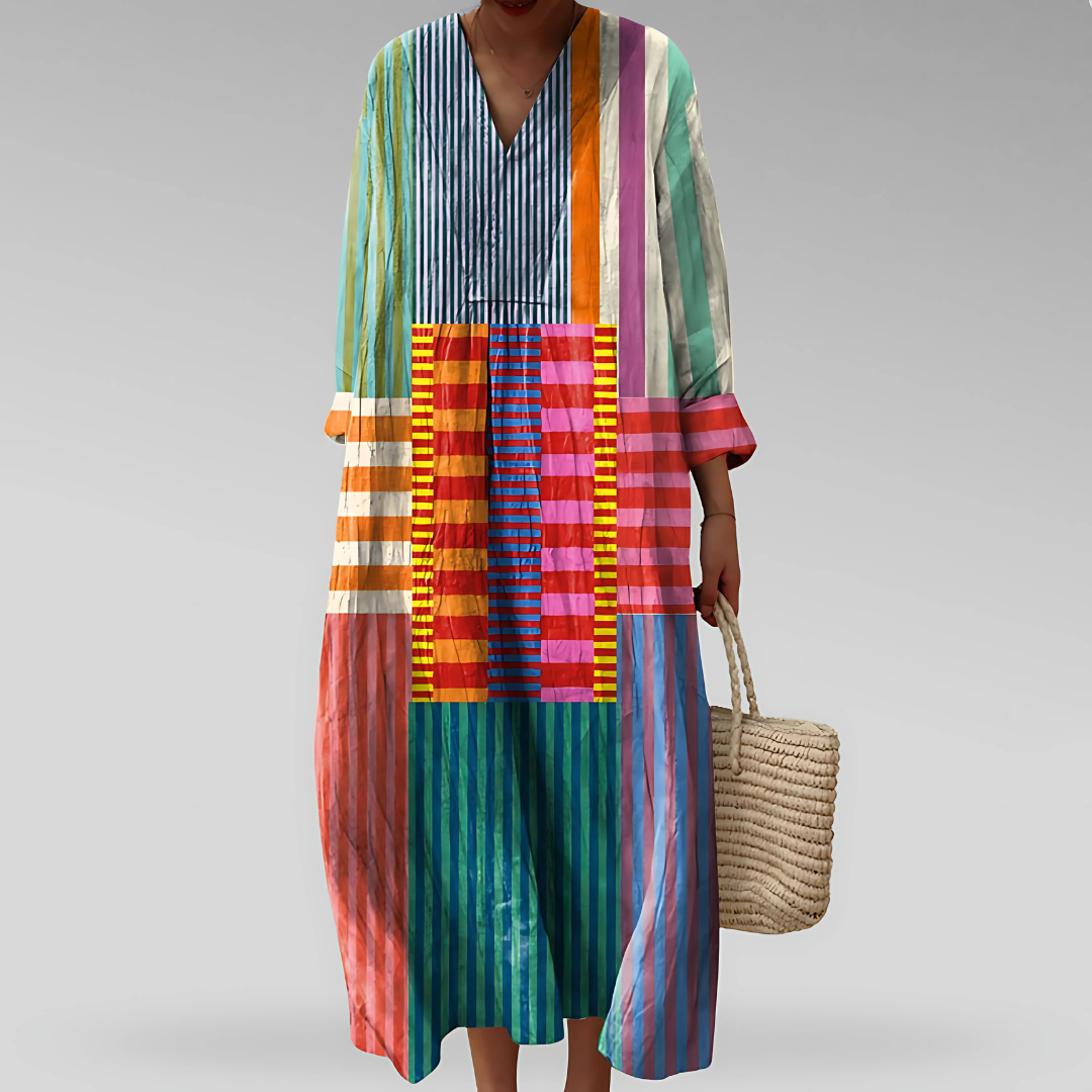 Women's geometric print long sleeve maxi caftan dress, v-neck, relaxed fit. Perfect for summer beachwear.