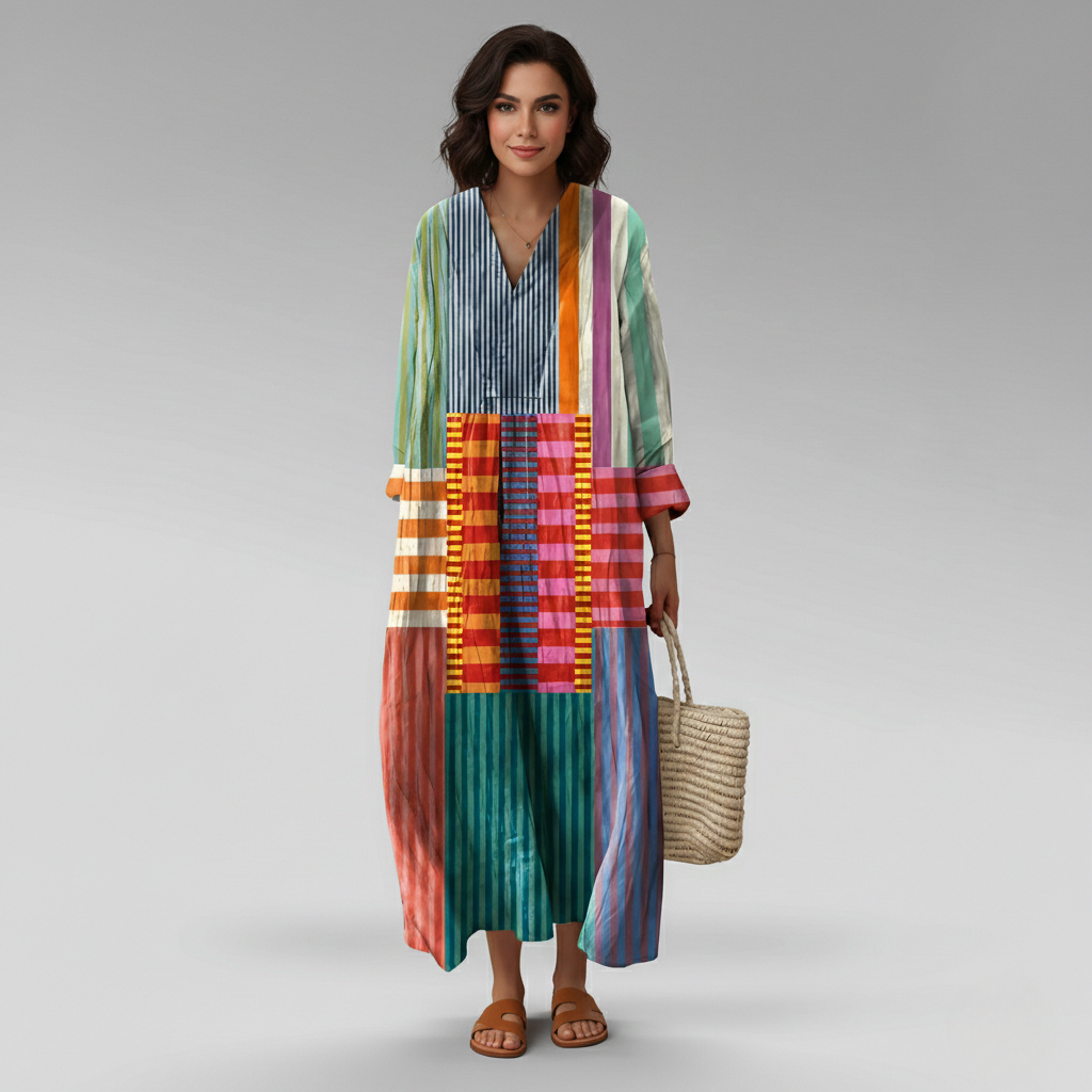 Relaxed fit geometric print maxi caftan dress for women. Long sleeve v-neck, stylish casual summer wear.