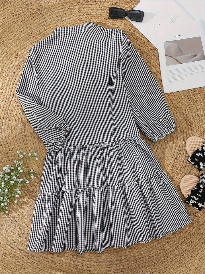 Women's tiered ruffle mini dress in classic gingham check, button front, great for daytime or vacation.