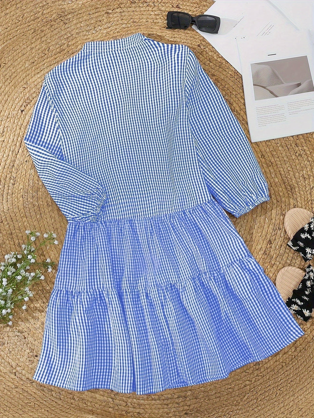 Summer swing dress: women's gingham check mini with button front, tiered skirt & playful ruffle details.
