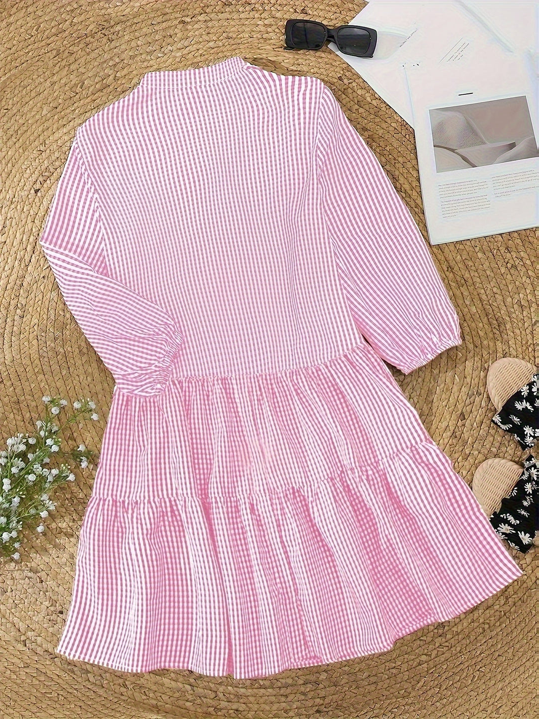 Gingham check women's dress, button front, tiered ruffles, puff sleeves, perfect casual chic mini for summer.