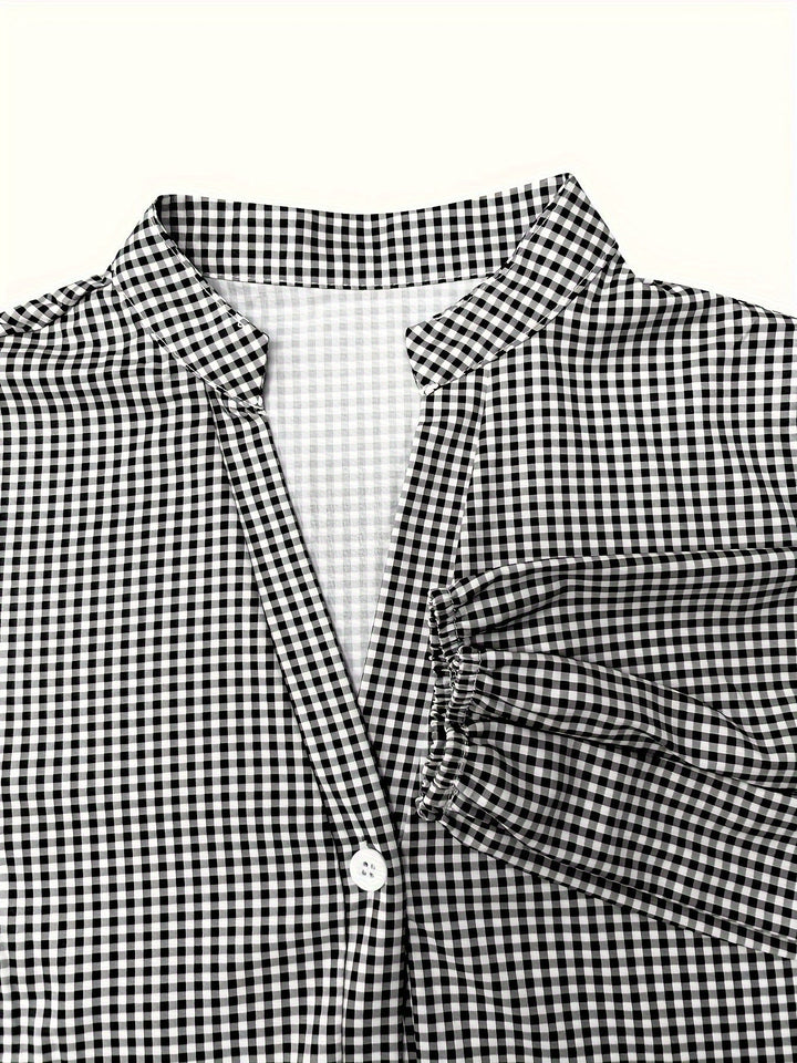Casual women's gingham mini dress with button front & tiered ruffles, lovely for summer outings.