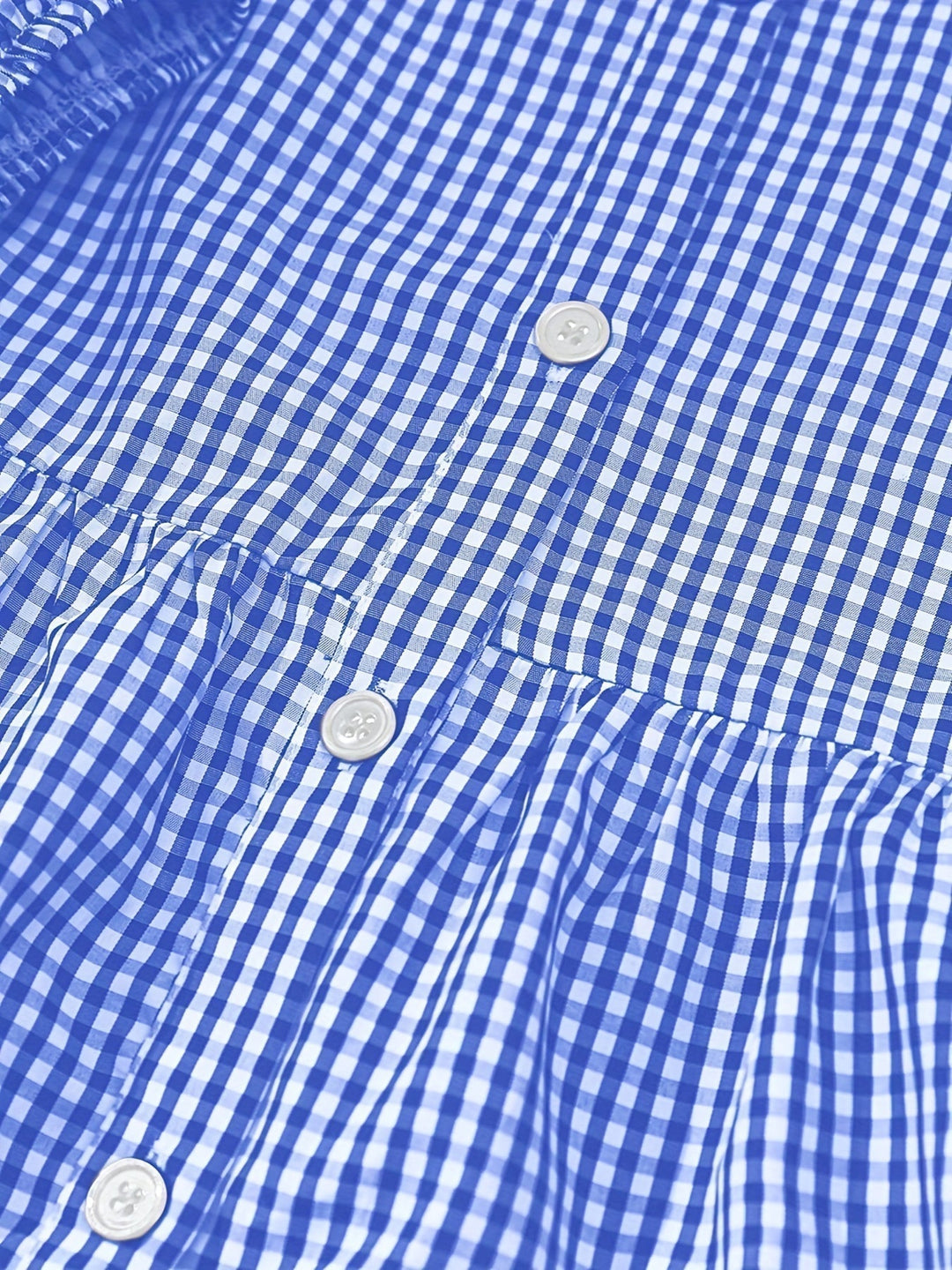 Women's charming gingham check tiered mini dress featuring button front, ruffle hem & puff sleeves.