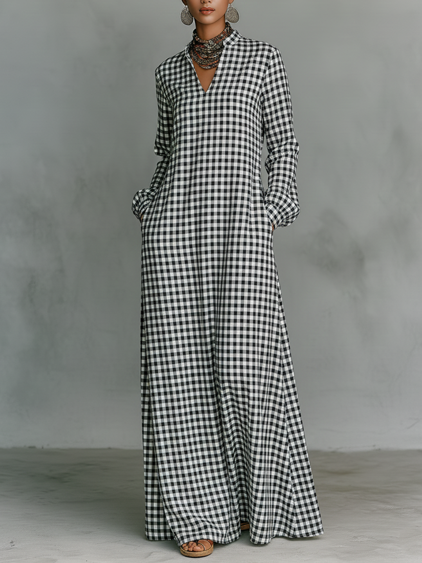 Women's gingham check V-neck long sleeve maxi dress, casual everyday chic with an A-line silhouette.
