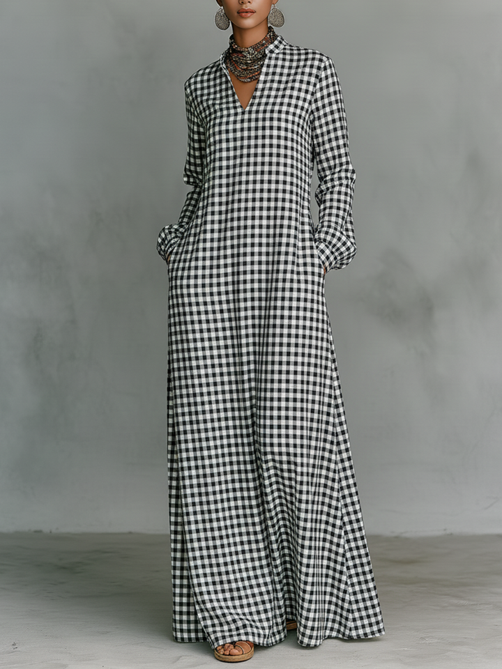 Women's gingham check V-neck long sleeve maxi dress, casual everyday chic with an A-line silhouette.
