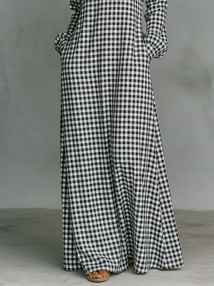 Elegant A-line women's maxi dress in classic gingham check, V-neck, long sleeves for a timeless casual look.